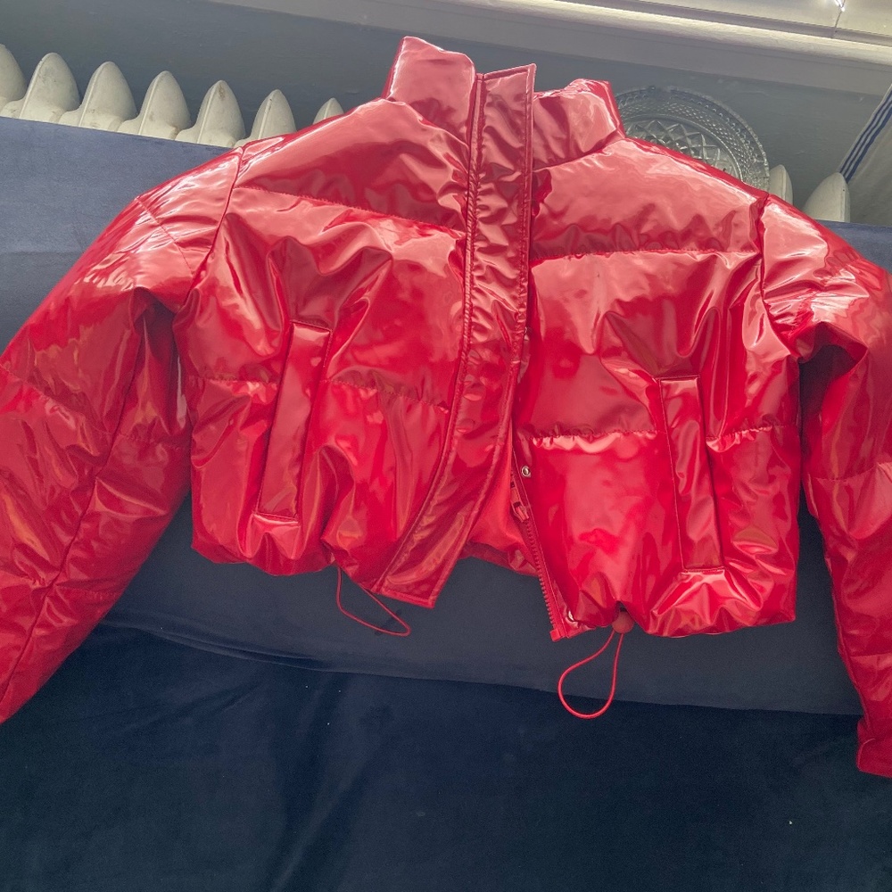 Red patent leather puffer
